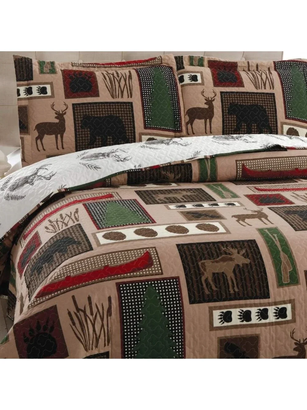 Reversible Rustic Lodge Quilt Set King Size - Moose Bear Cabin Bedding, 3 Pcs